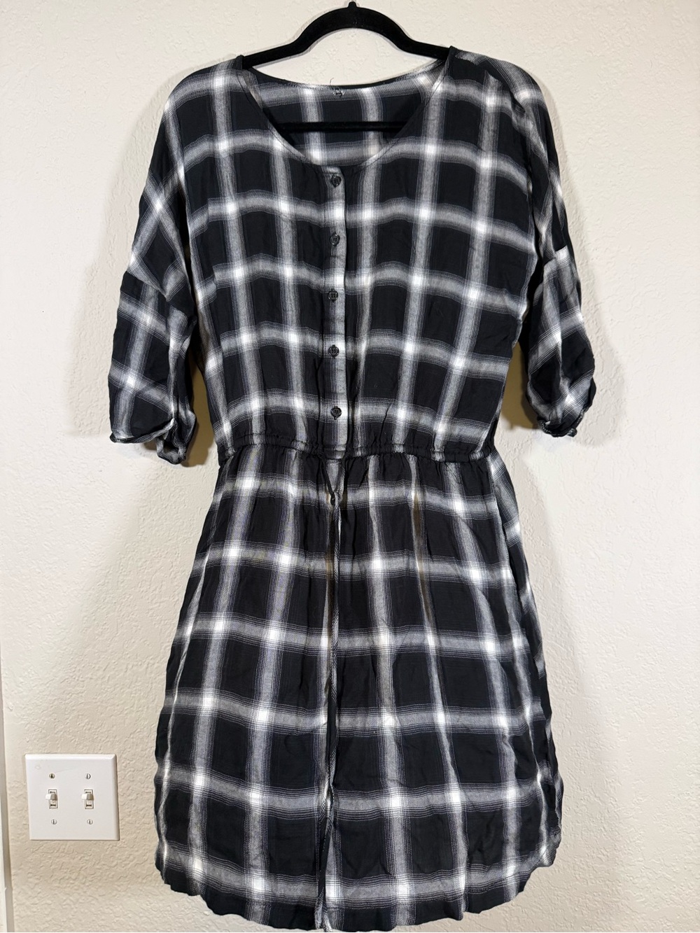 Black White Plaid Checkered Button Front Dress Lightweight Women's Large